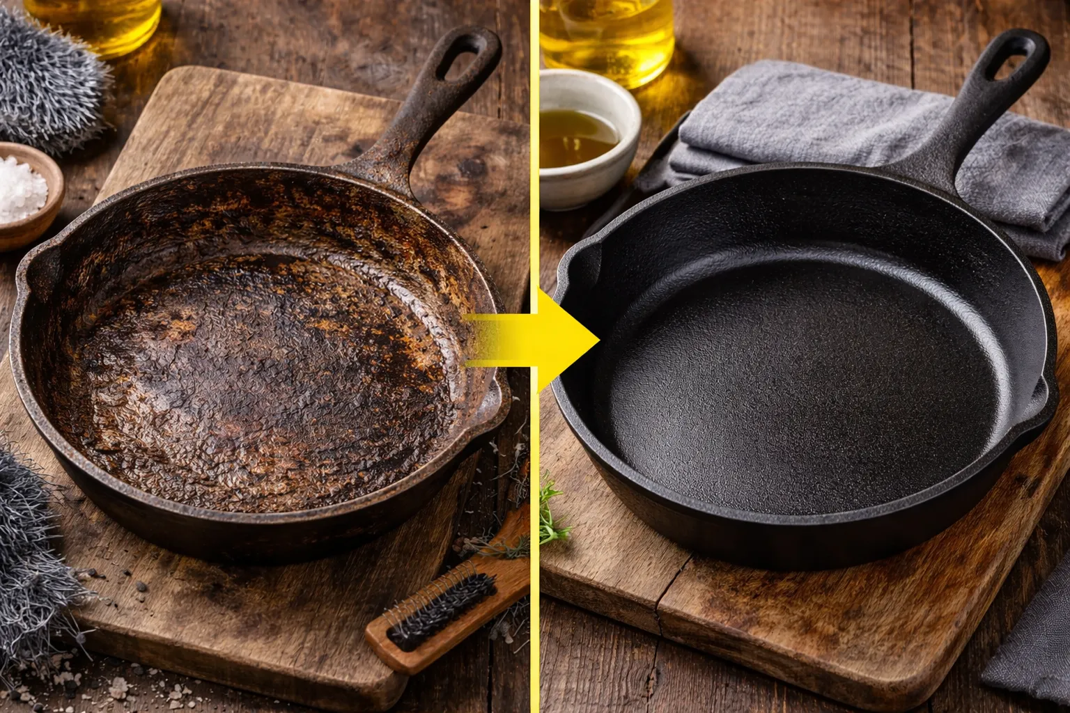 Чугунная сковорода до и после прокалки и очистки от нагара