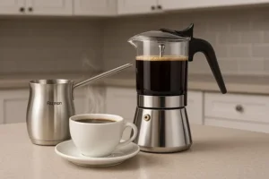 Гейзерная кофеварка Fissman 240 мл (6 порций) из нержавеющей стали в разобранном виде с компонентами