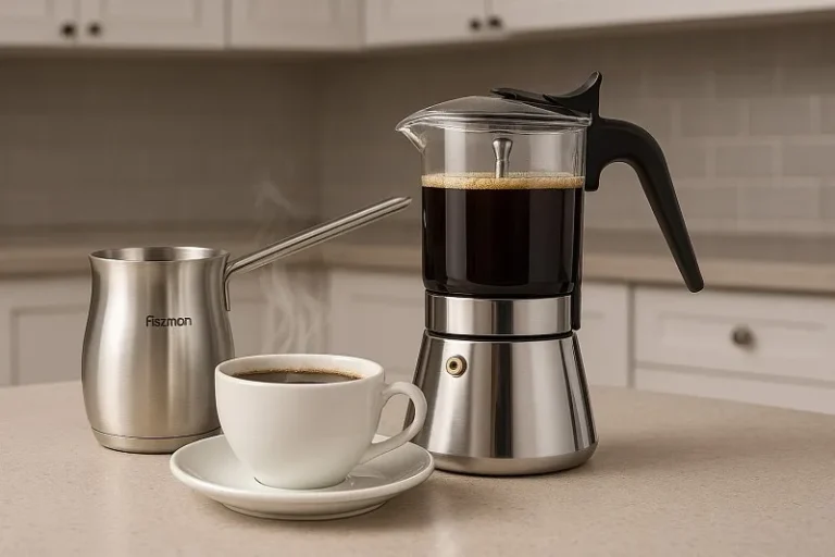 Гейзерная кофеварка Fissman 240 мл (6 порций) из нержавеющей стали в разобранном виде с компонентами