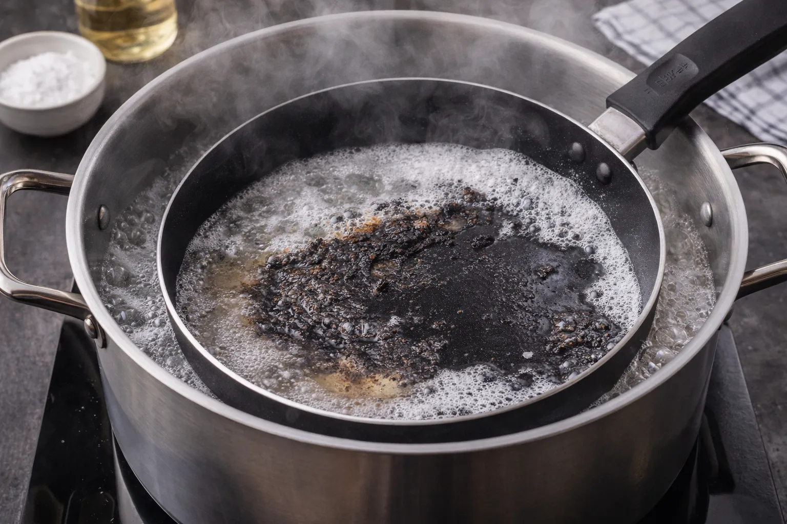 Очистка сковороды с антипригарным покрытием от черного нагара содой и уксусом