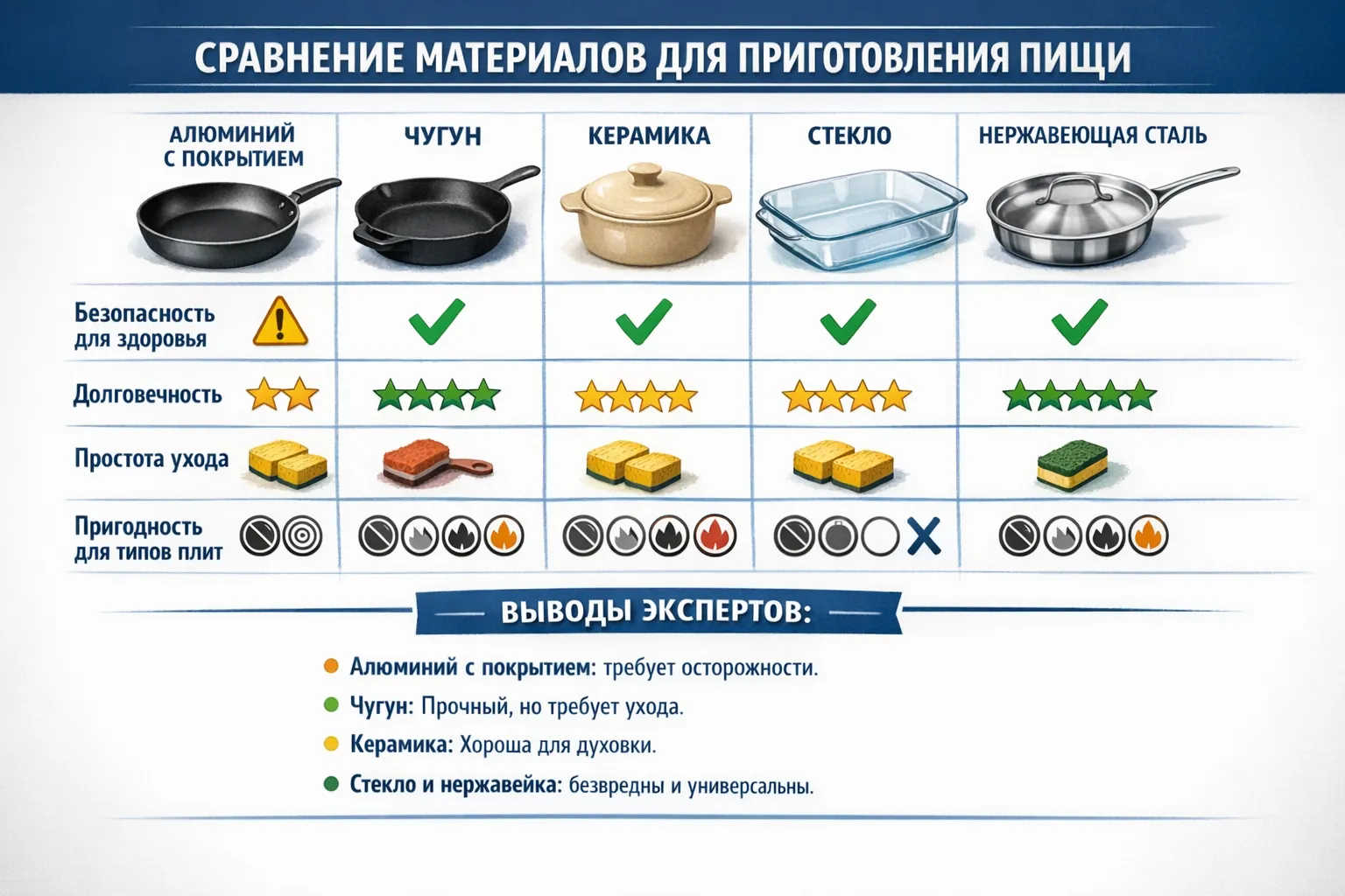 Сравнение безопасных материалов посуды керамика, чугун, стекло, нержавеющая сталь