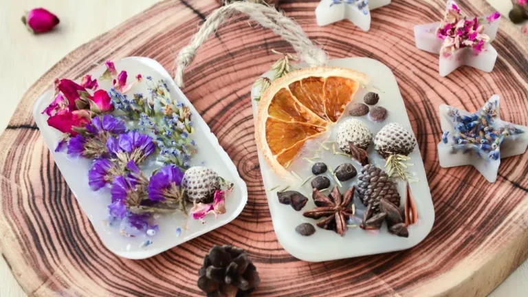 Аромасаше из воска готовое изделие с сухоцветами и эфирными маслами, рядом ингредиенты и инструменты для изготовления дома