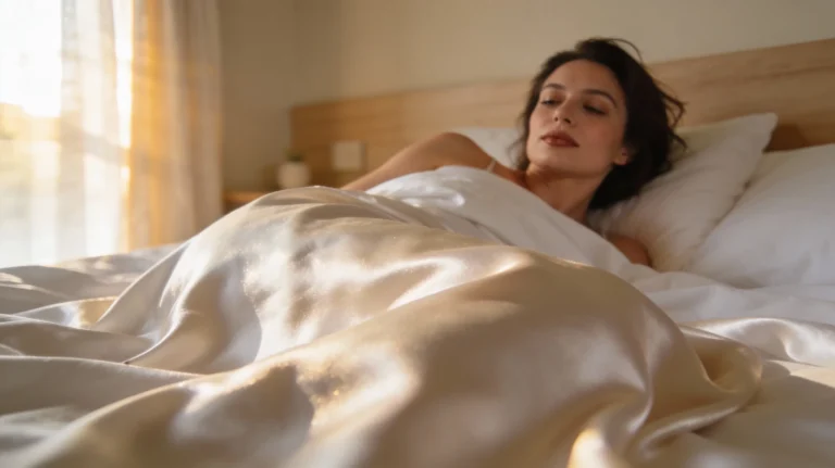 Woman waking on luxury white satin bedding in morning sunlight