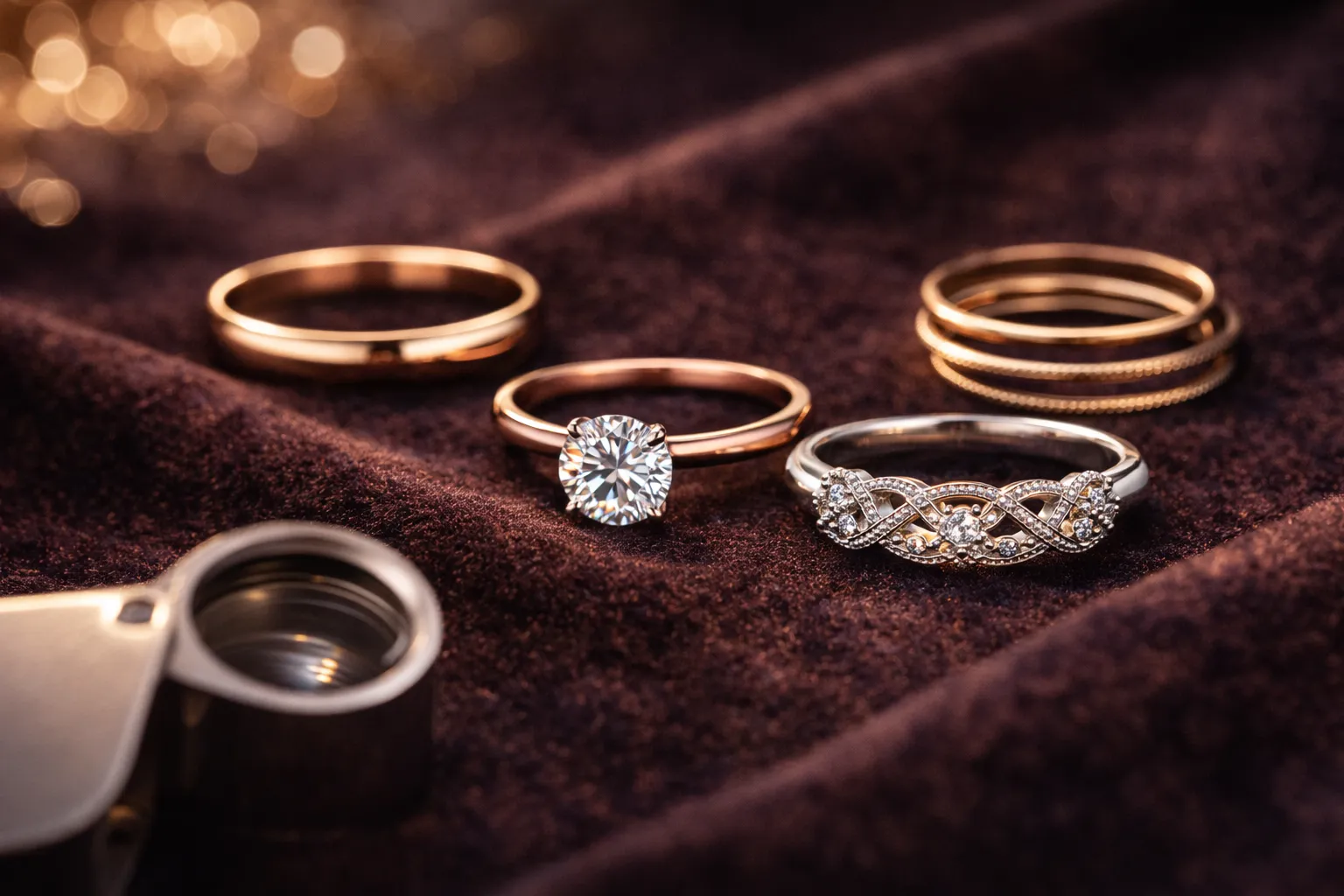 Золотые кольца разных типов - классические, с бриллиантами, фаланговые и комбинированные - на тёмном бархатном фоне