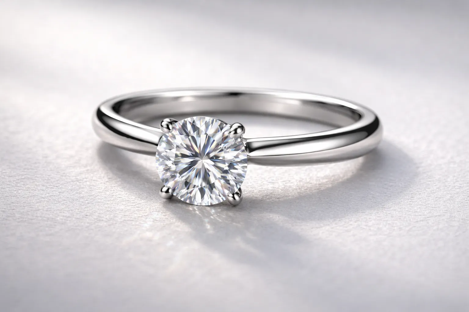 Женское кольцо из белого золота 585 пробы с бриллиантом-солитером на белом фоне