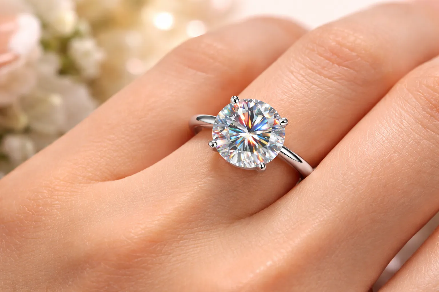 Элегантное помолвочное кольцо с блестящим муассанитом 1.5 карата в белом золоте на женской руке, крупный план