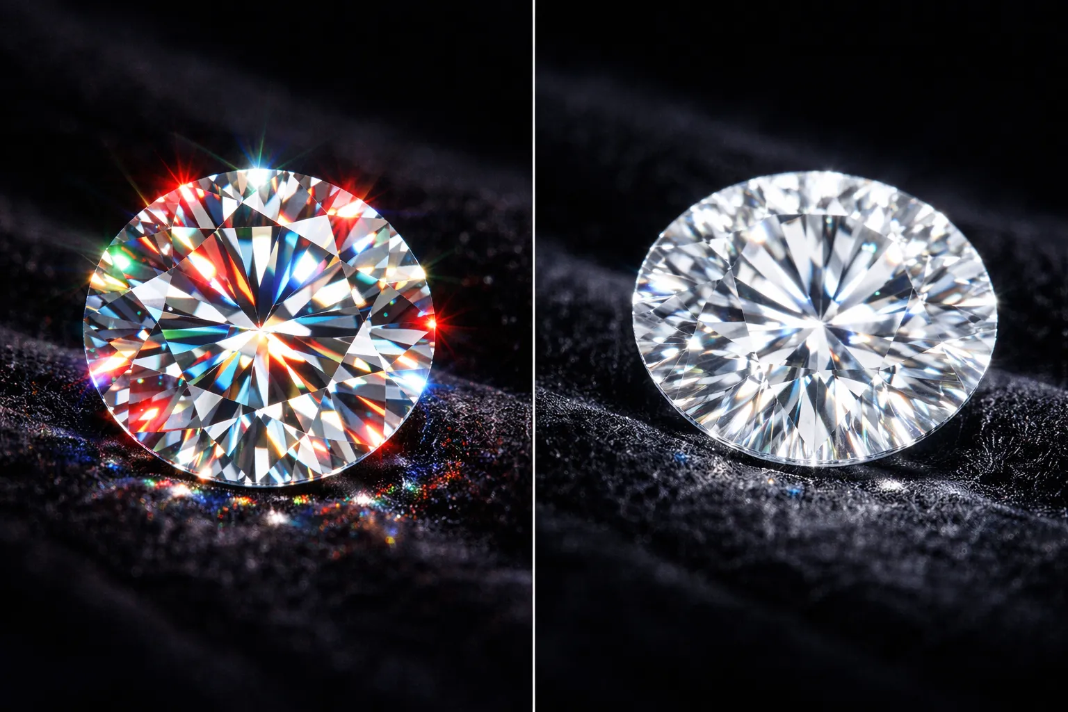 Сравнение муассанита и бриллианта: визуальная разница в блеске и дисперсии на чёрном фоне