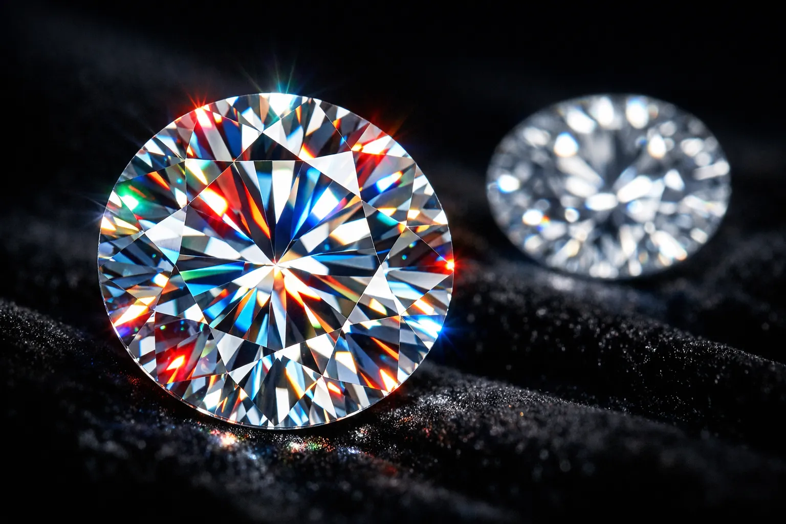 Крупный план муассанита круглой огранки с ярким радужным блеском и дисперсией, сравнение с бриллиантом, ювелирный камень SiC