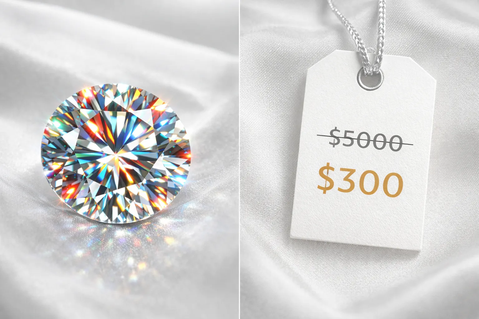 Сияющий муассанит 1 карат крупным планом на тёмном бархатном фоне - цена за карат $300-600 в 2026 году, сравнение с бриллиантом