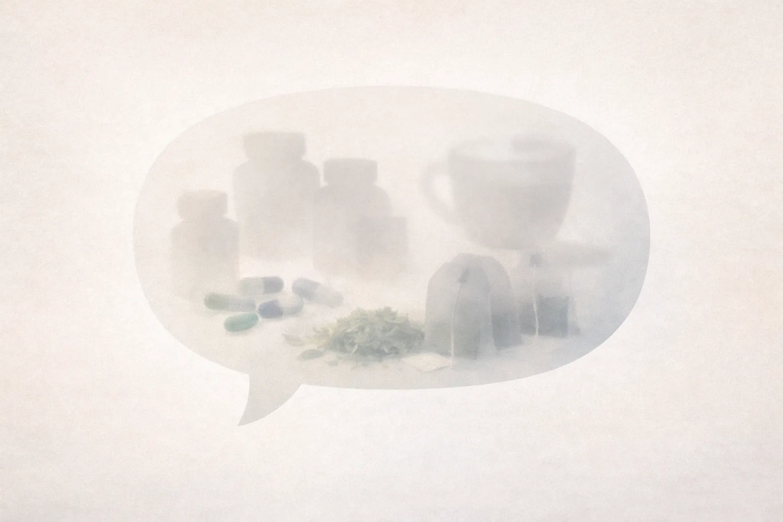 Абстрактная иллюстрация слова «похудалки» как ярлыка: размытые капсулы, травы и напитки, объединённые одним бытовым термином без медицинского контекста