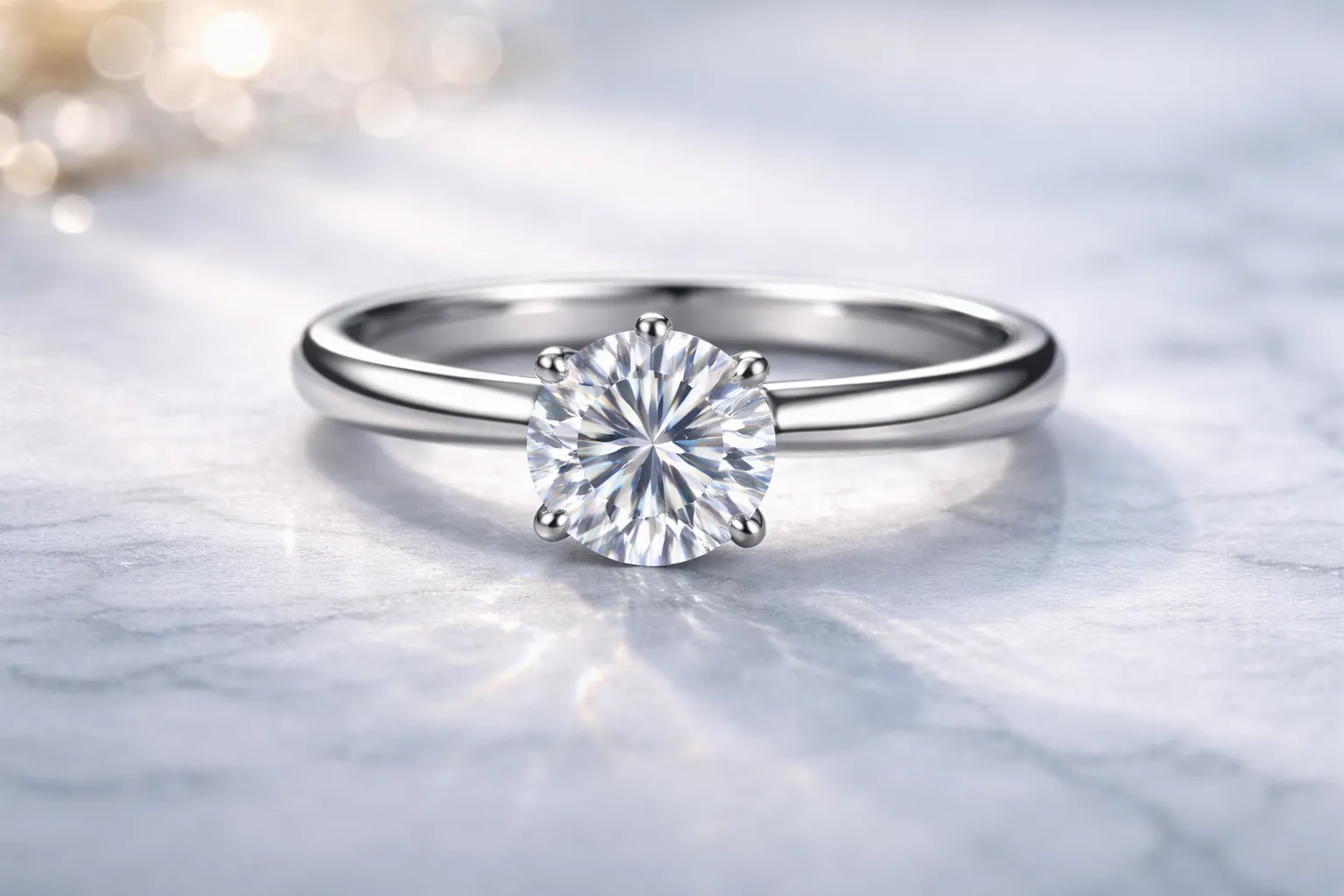 Кольцо из белого золота 585 пробы с бриллиантом в классическом дизайне солитер на мраморной поверхности