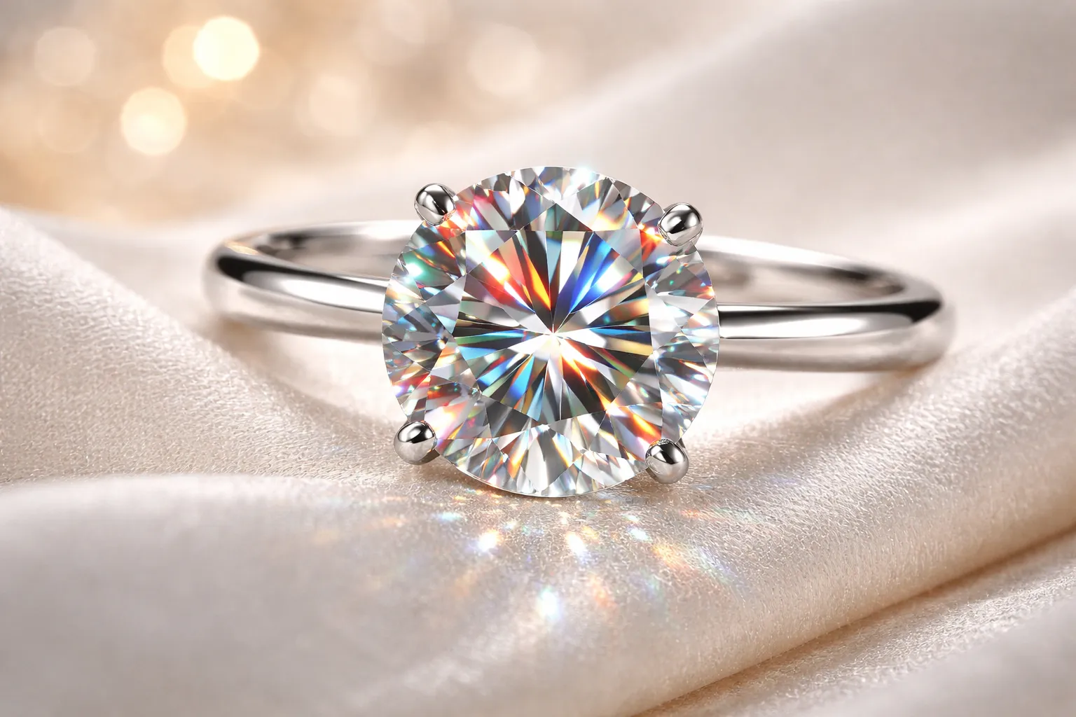 Крупный план помолвочного кольца с бесцветным муассанитом круглой огранки в золотой оправе, демонстрирующий радужный блеск и огонь камня при освещении