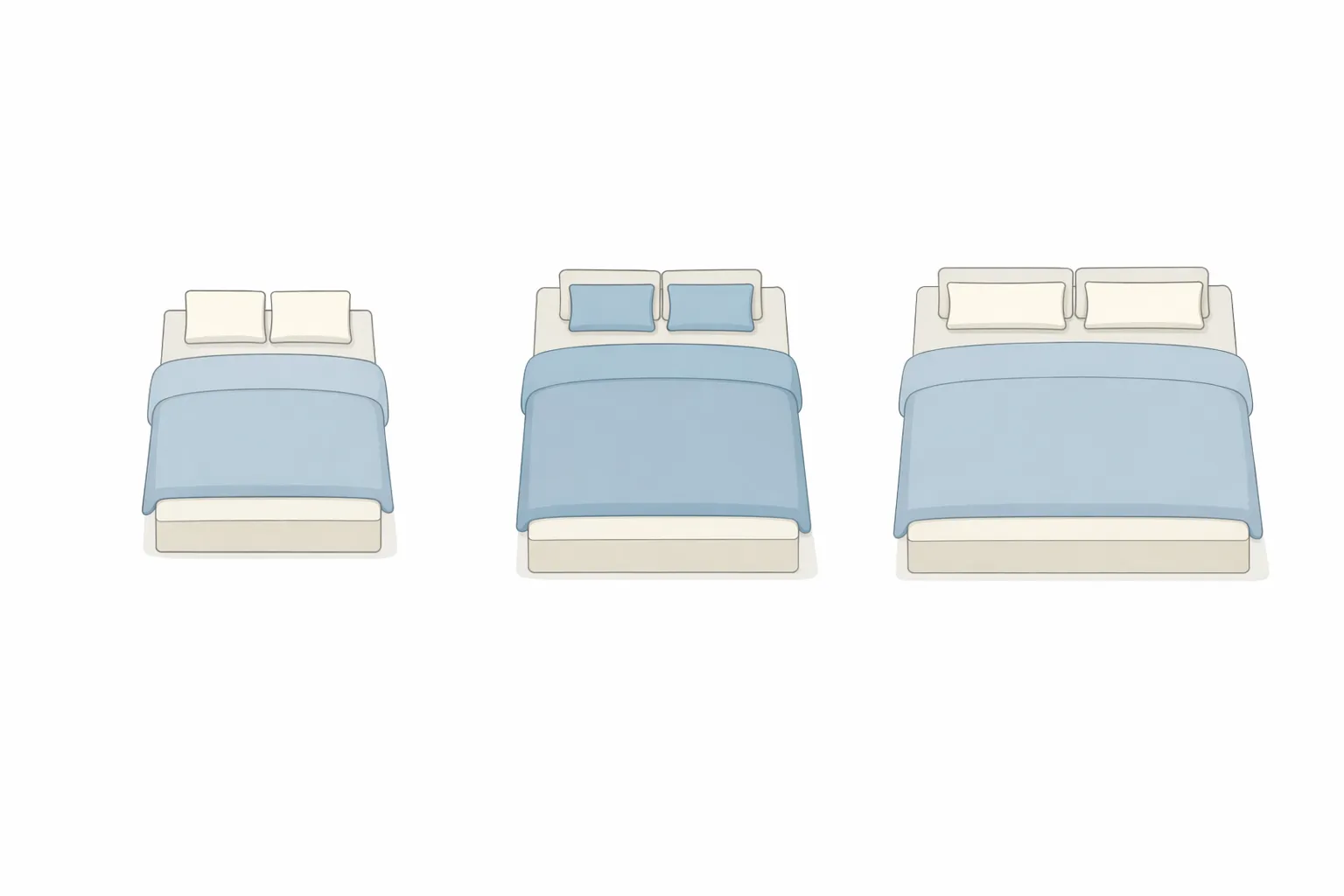 Сравнение размеров полуторного, односпального и двуспального постельного белья с указанием пододеяльника, простыни и наволочек