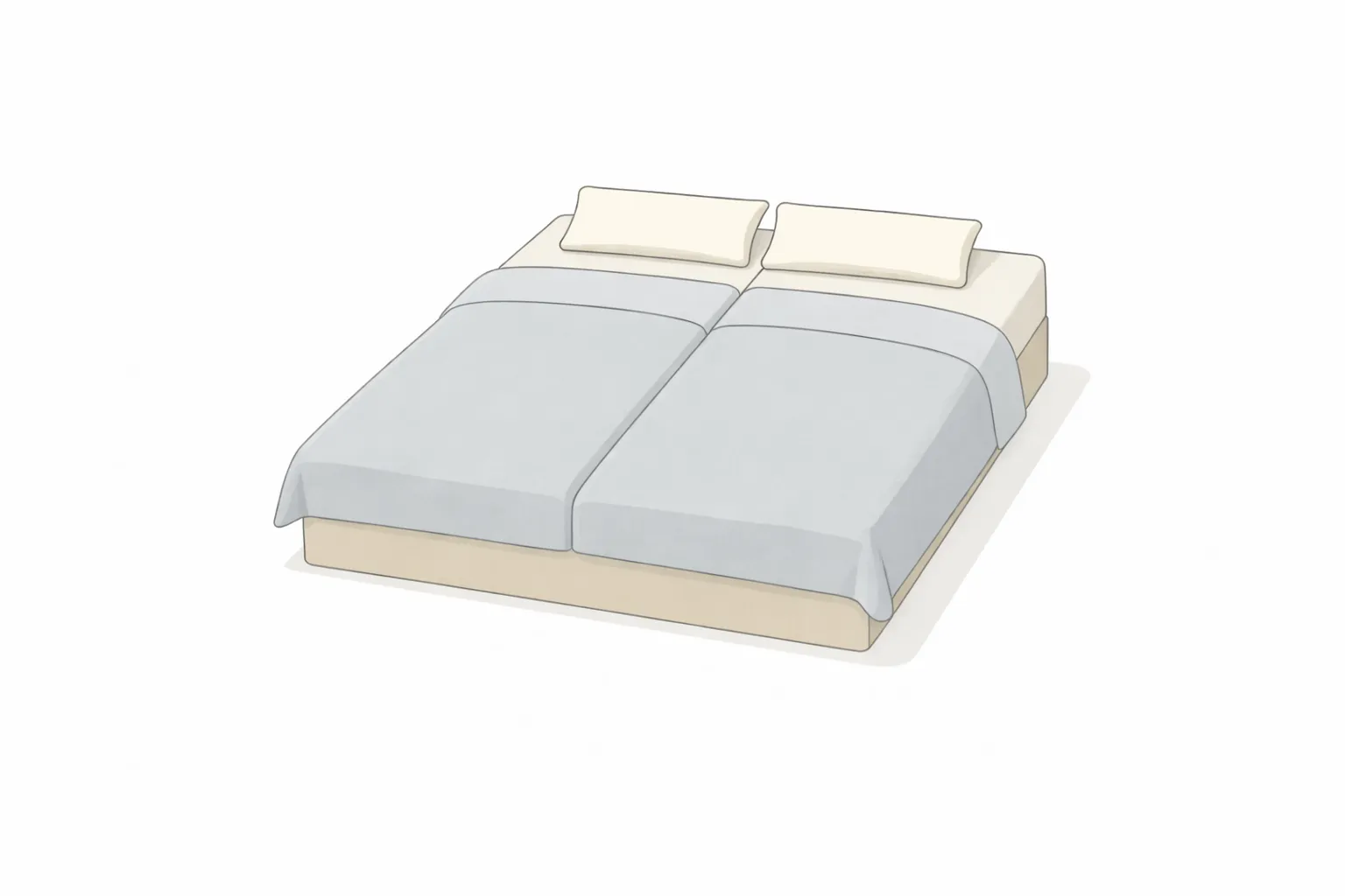 Схема семейного комплекта постельного белья с двумя пододеяльниками, одной большой простыней и наволочками на двуспальной кровати