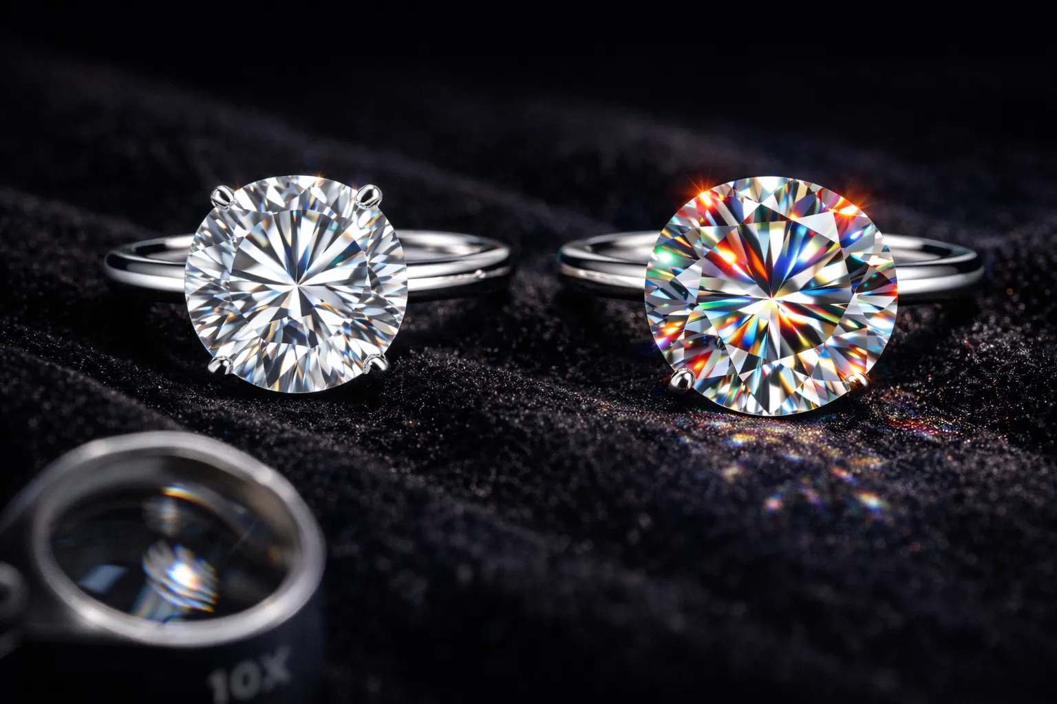 Сравнение муассанита и бриллианта: визуальные отличия, дисперсия света, двойное лучепреломление под лупой