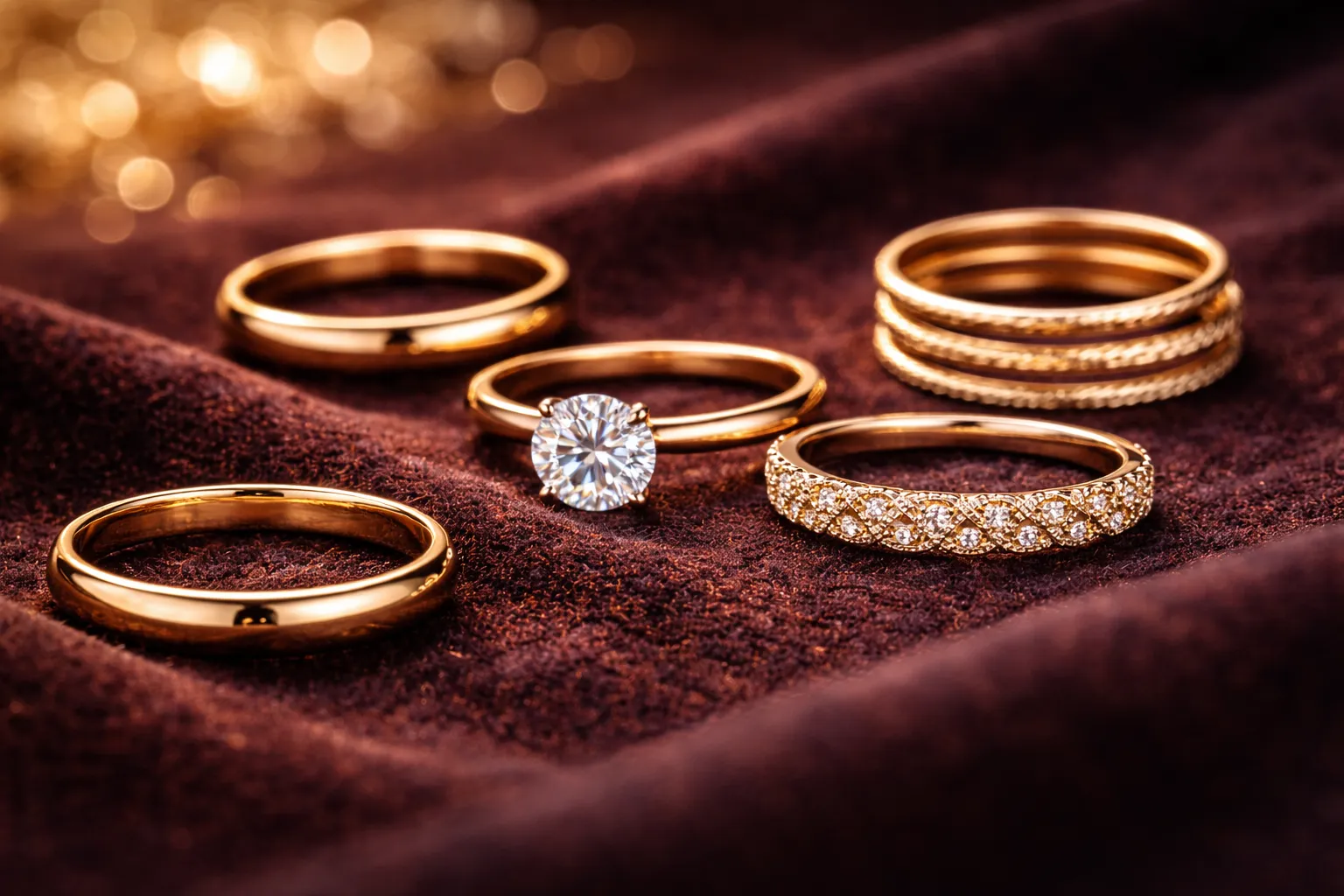 Элегантные золотые кольца разных проб и дизайна на бархатной поверхности с мягким золотым боке
