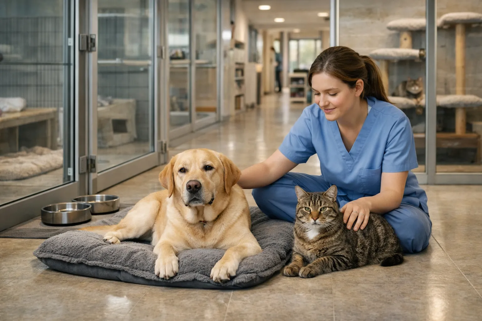 Спокойные кошка и собака в чистой безопасной гостинице для животных под наблюдением сотрудника