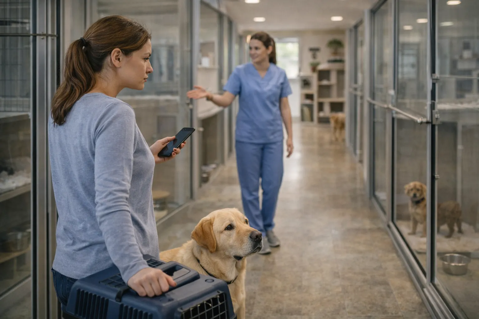 Владелец проверяет безопасную зоогостиницу перед бронированием: индивидуальные боксы, чистота, контроль и условия размещения питомца