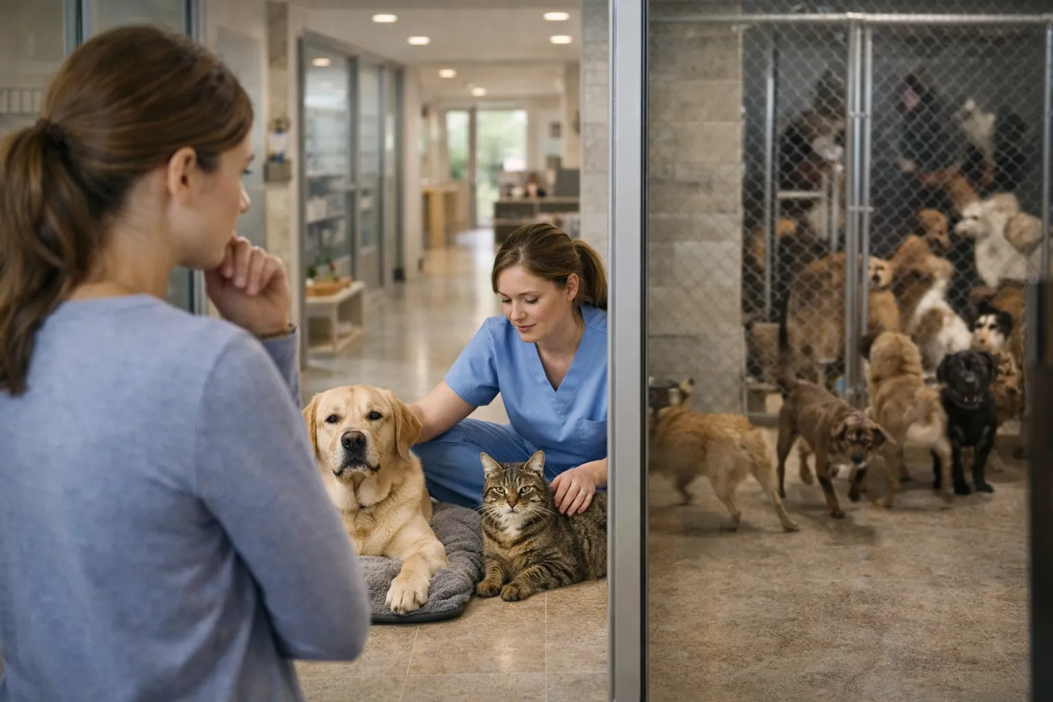Спокойная собака и кошка в безопасной передержке под присмотром сотрудника в чистом и тихом помещении