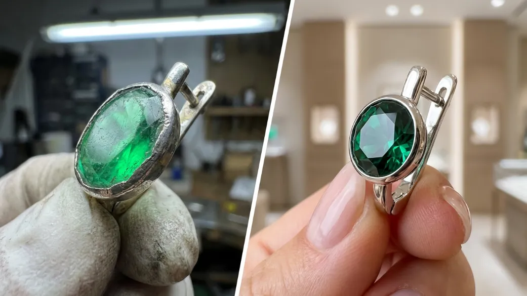 серьги с алпанитом в серебре 925 крупным планом с ограненным камнем зеленого цвета