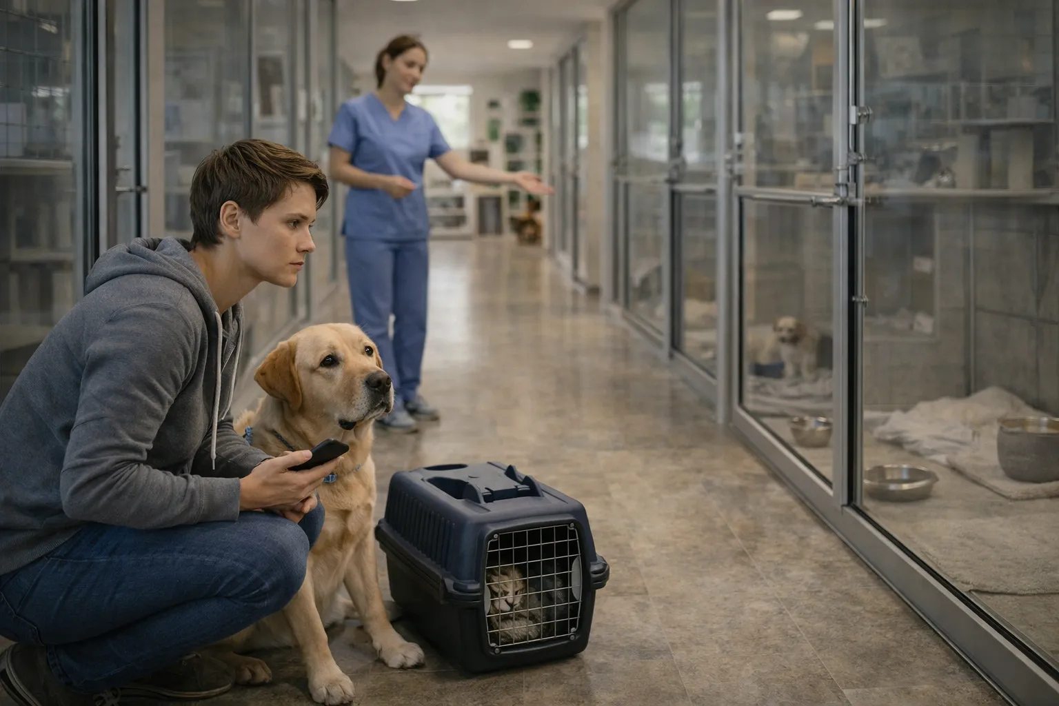 Хозяин выбирает безопасную зоогостиницу для питомца, проверяя условия проживания, уход, питание и документы перед бронированием