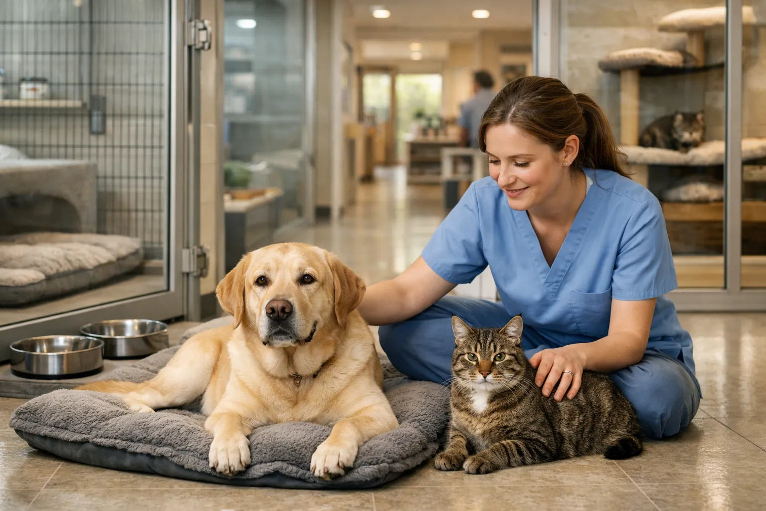 Собака и кошка в безопасной зоогостинице с чистыми условиями, отдельными зонами и спокойной передержкой