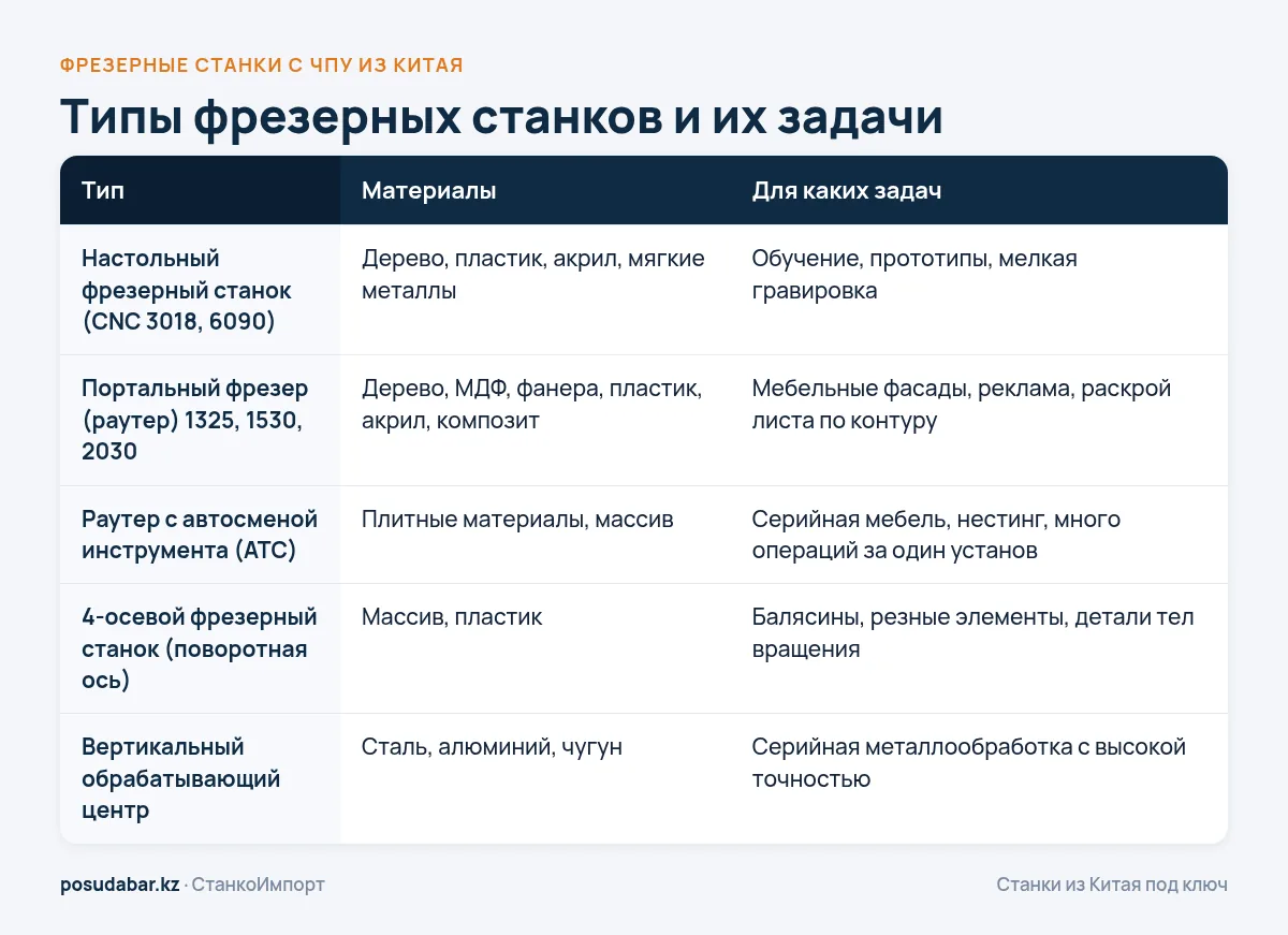 Типы фрезерных станков из Китая: настольный, раутер, ATC, 4-осевой, обрабатывающий центр
